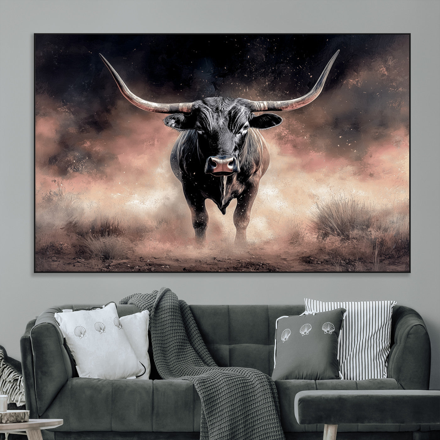 71457818-MGV-CV-36X24-Longhorn Wall Art Wall Art Canvas Print, Framed Western Bull Canvas Art Picture Print, Rustic Cow Decor Perfect Western Dramatic