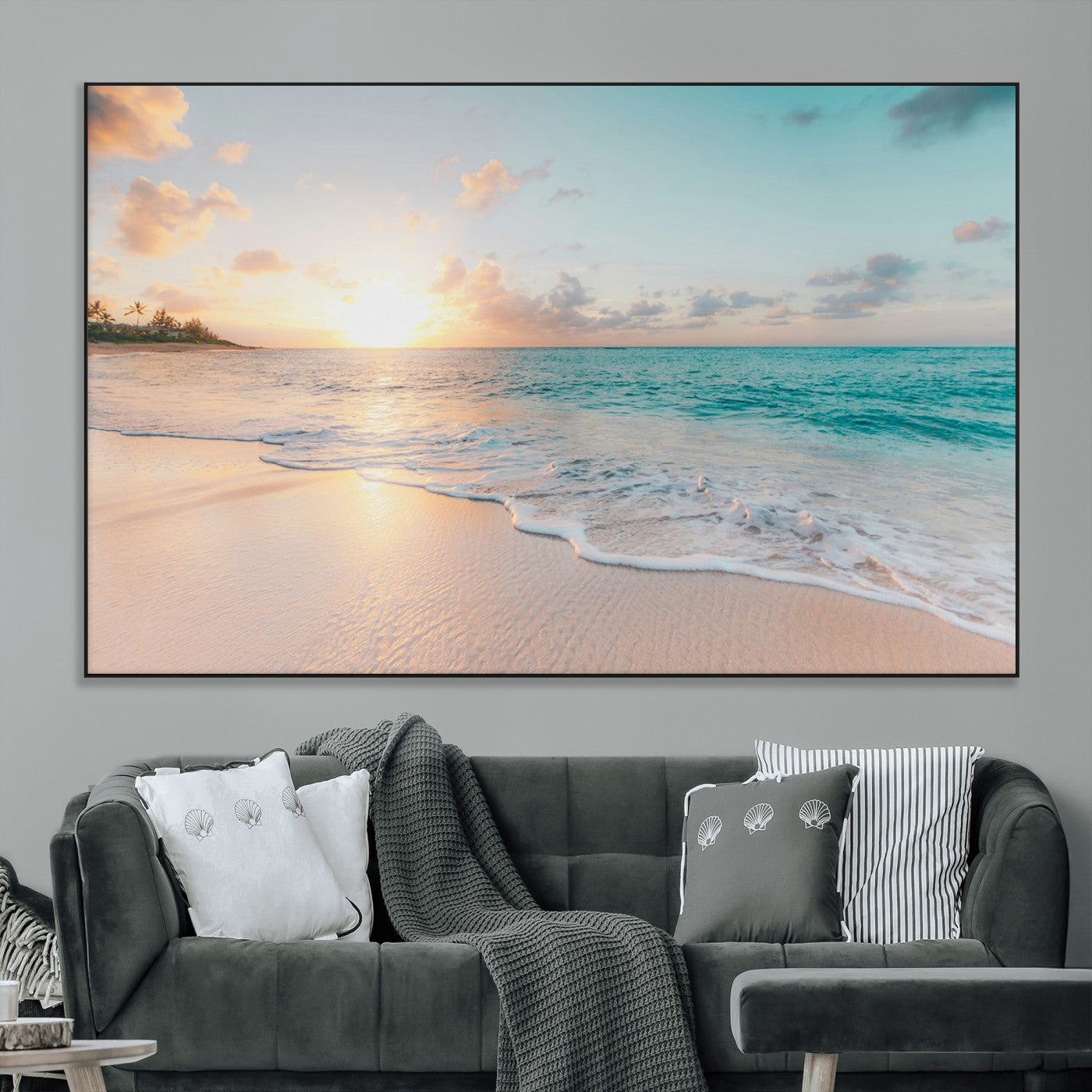 94538225-MGV-CV-36X24-Beach Sunset Wall Art Canvas Print, Framed Ocean Waves Art Picture Print, Summer Escape Perfect Coastal Serenity Decor Artwork