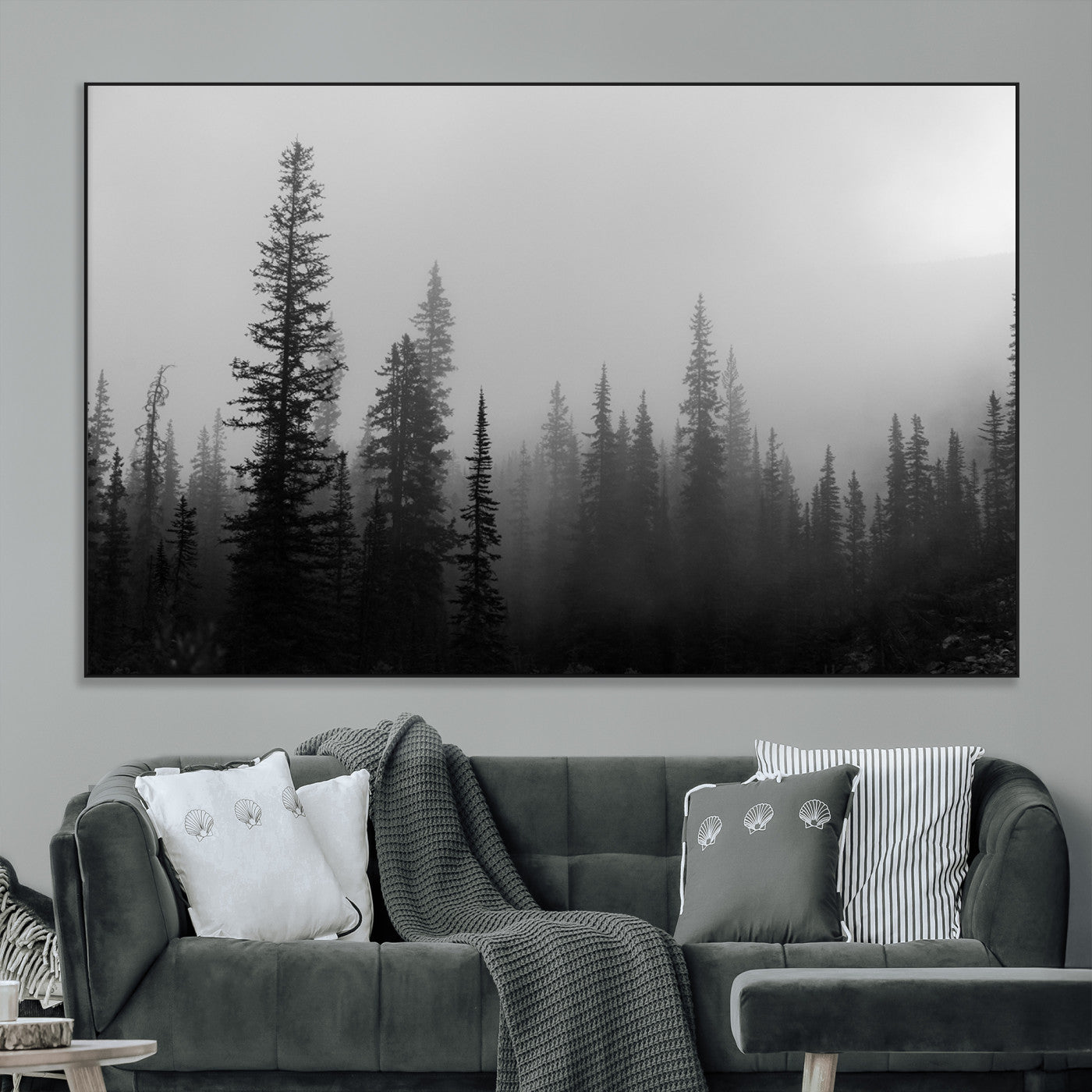 73138900-MGV-CV-36X24-Misty Pines Wall Art Canvas Print, Framed Woodland Photography Art Picture Print, Minimalist Decor Perfect Modern Rustic Decor