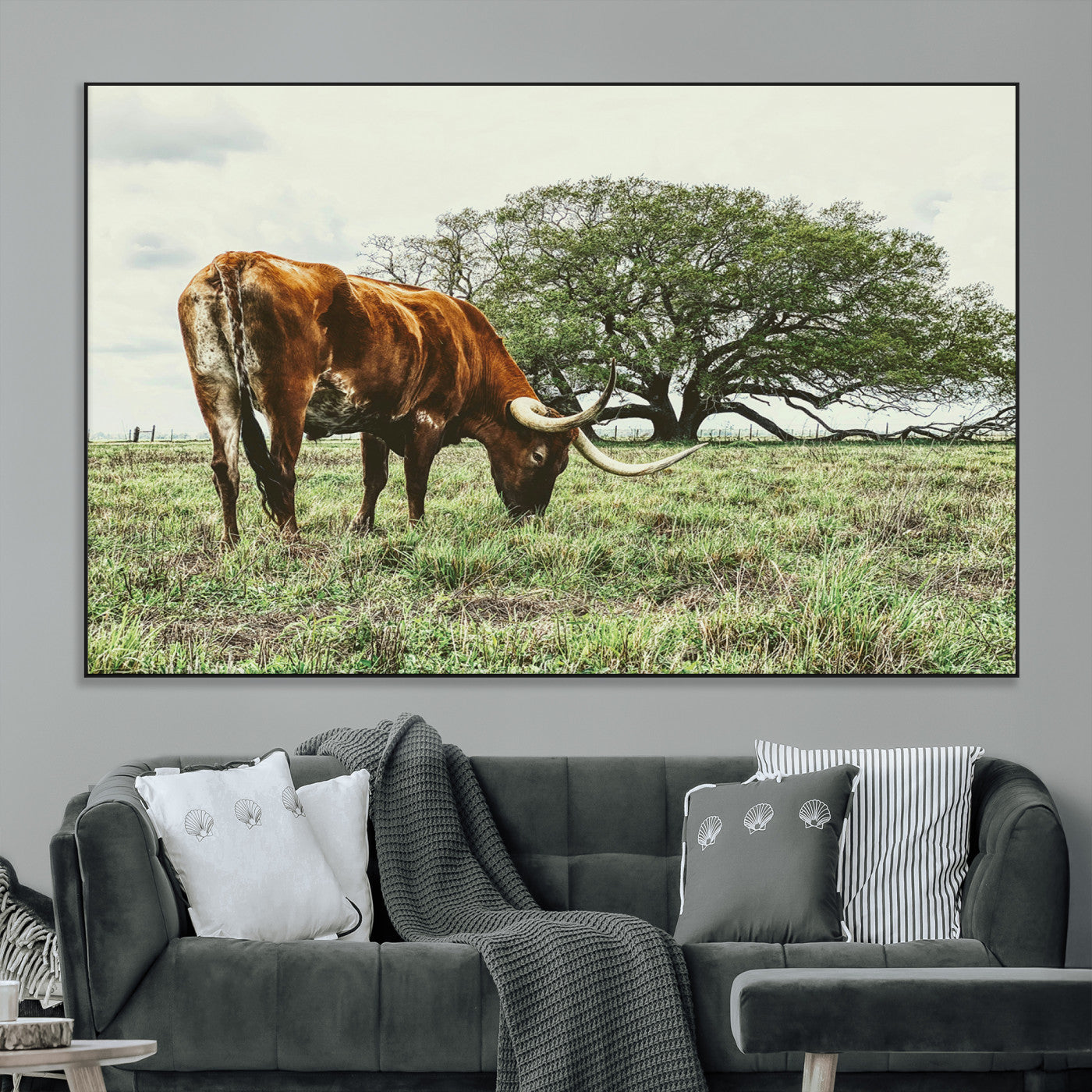 91866234-MGV-CV-36X24-Texas Longhorn Wall Art Canvas Print, Framed Rustic Ranch Art Picture Print, Western Cattle Perfect Rustic Farmhouse Decor Artwork