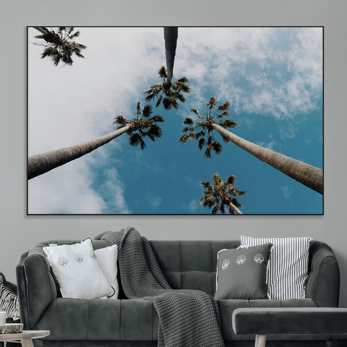 45236398-MGV-CV-36X24-Tropical Palm Trees Wall Art Canvas Print, Framed California Sky Art Picture Print, Minimalist Nature Perfect Coastal Minimalist
