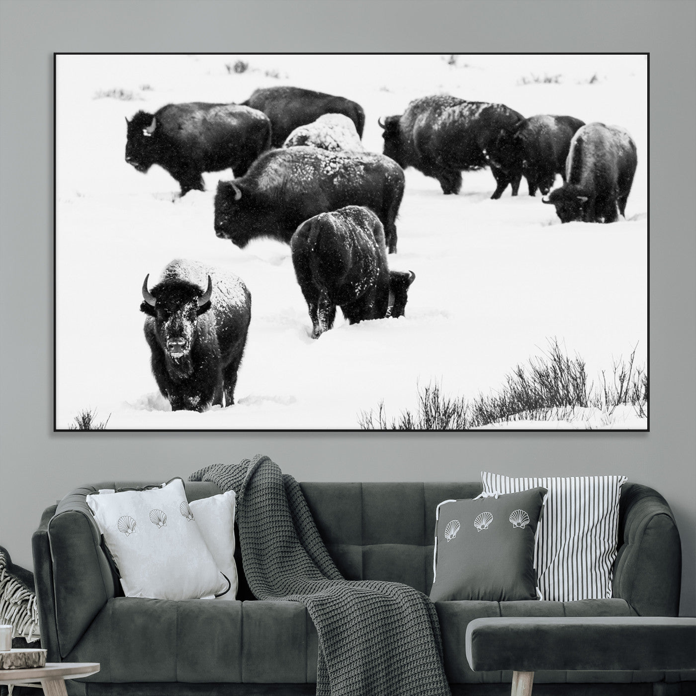 18914414-MGV-CV-36X24-Buffalo Herd Wall Art Canvas Print, Framed Black and White Art Picture Print, Snowy Landscape Perfect Rustic Lodge Decor Decor