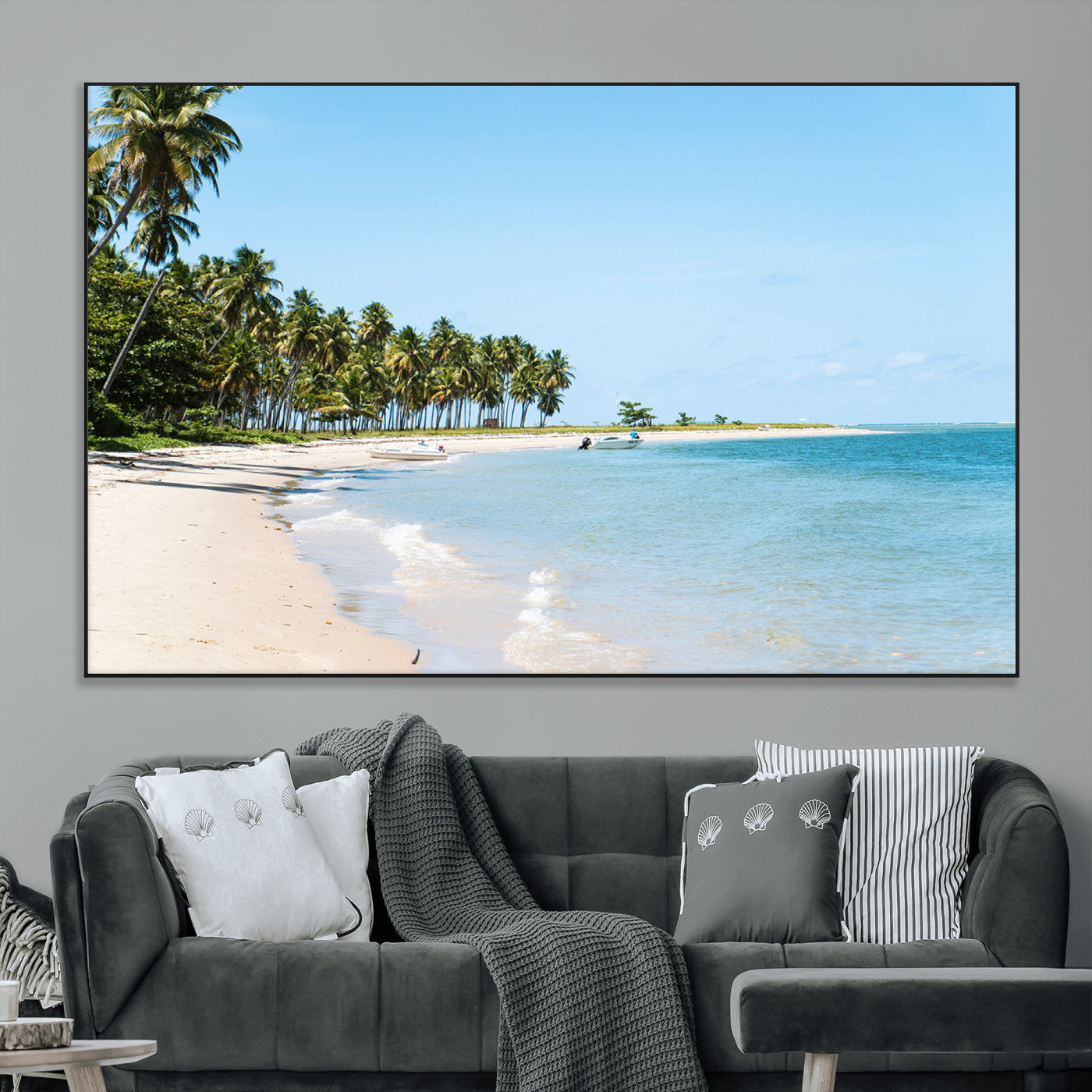 37858872-MGV-CV-36X24-Palm Tree Coast Wall Art Canvas Print, Framed Island Getaway Art Picture Print, Crystal Blue Water Perfect Tropical Coastal Decor
