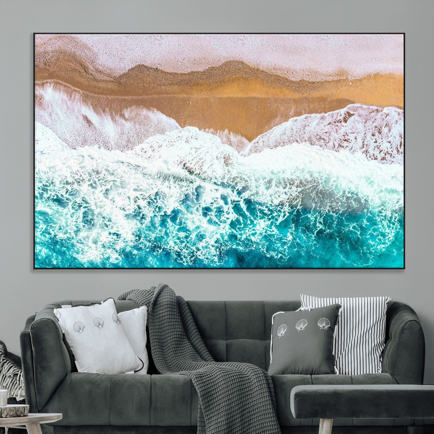 26870666-MGV-CV-36X24-Aerial Beach Wall Art Canvas Print, Framed Ocean Waves Art Picture Print, Coastal Landscape Perfect Coastal Minimalist Decor