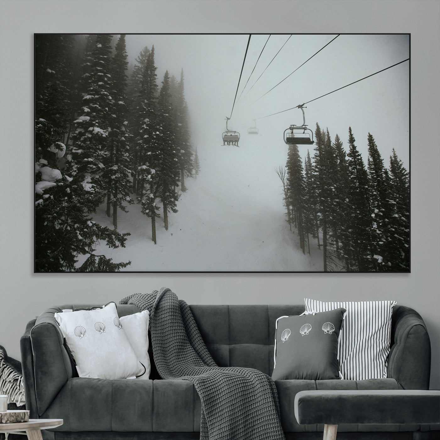87018452-MGV-CV-36X24-Ski Lift Wall Art Canvas Print, Framed Snowy Pines Art Picture Print, Misty Landscape Perfect Winter Serenity Decor Artwork