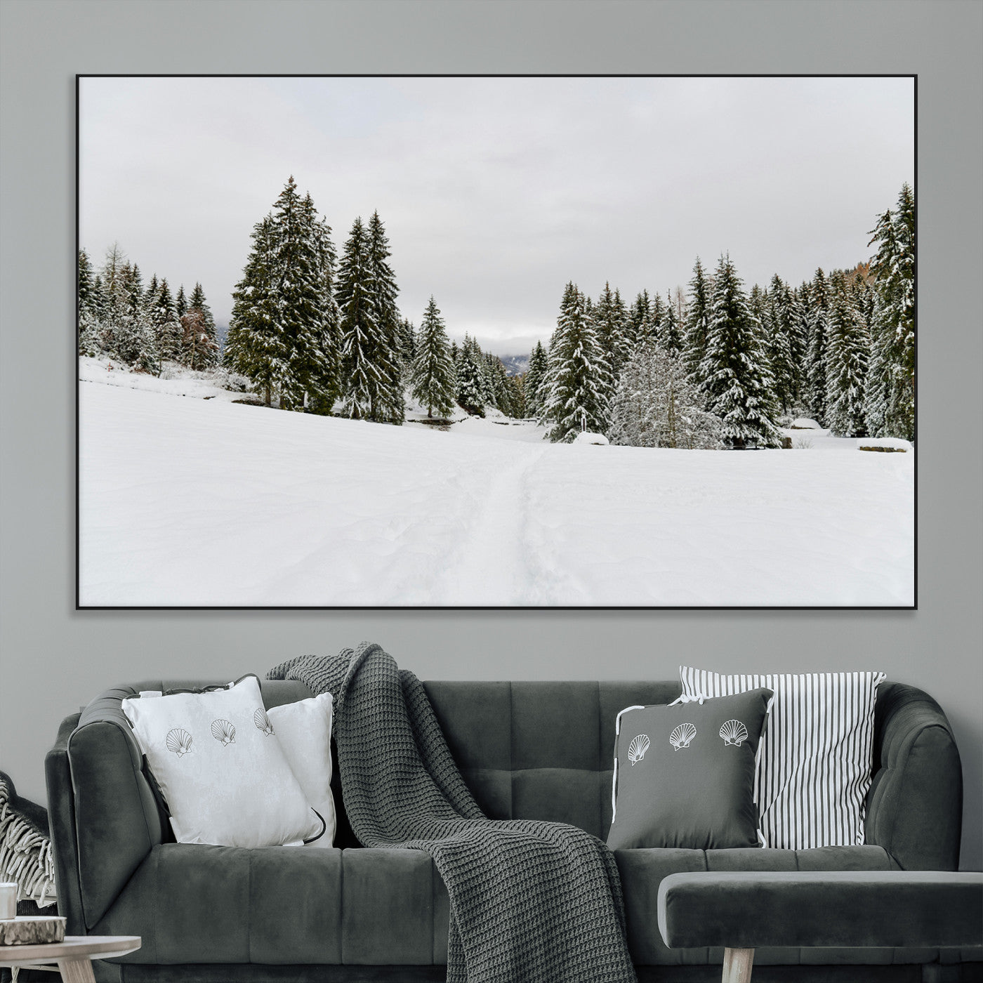 24581417-MGV-CV-36X24-Frosty Pines Wall Art Canvas Print, Framed Silent Snowfall Art Picture Print, Cozy Cabin Vibes Perfect Nordic Minimalist Decor