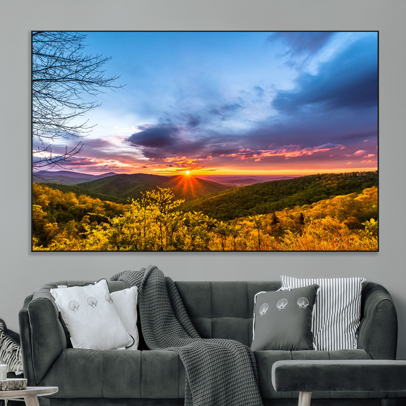 25786346-MGV-CV-36X24-Sunset Over Mountains Wall Art – Nature Landscape Canvas Print, Golden Hour Forest Photography, Scenic Sunrise Artwork for Living