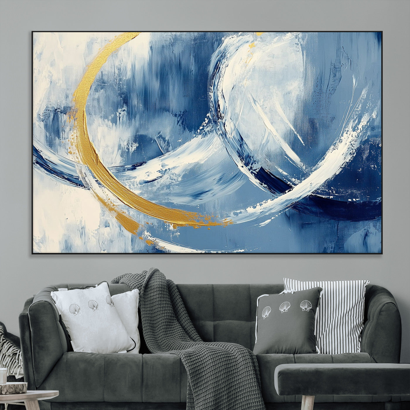 42475677-MGV-CV-36X24-Blue and Gold Abstract Wall Art – Modern Luxury Canvas Print, Navy White Brushstroke Painting, Contemporary Home Office Living