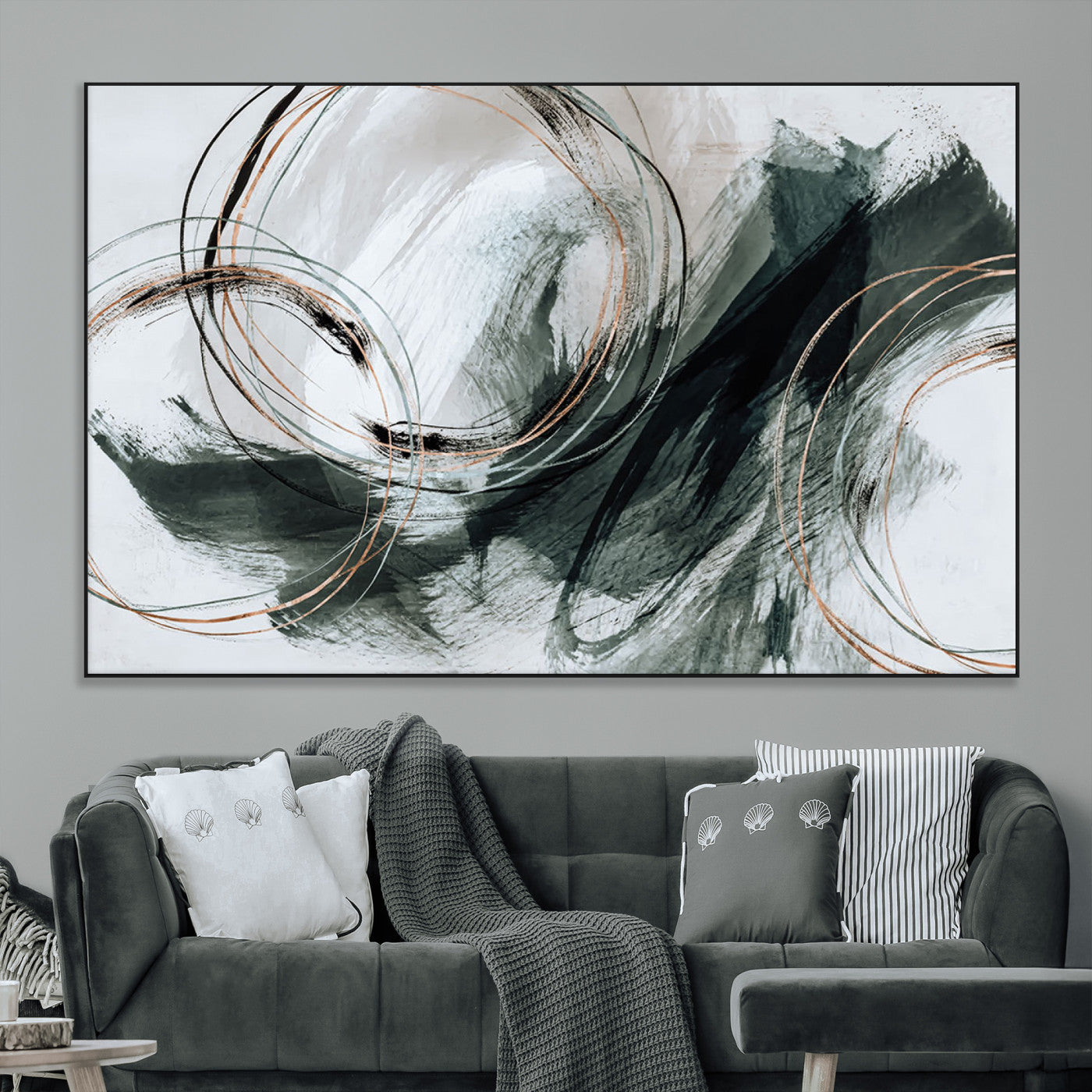 86583265-SEG-FC-90X60_Oversize_Oversize-Black and Gray Abstract Wall Art – Modern Copper Circle Canvas Print, Contemporary Minimalist Painting for Living Room, Bedroom,