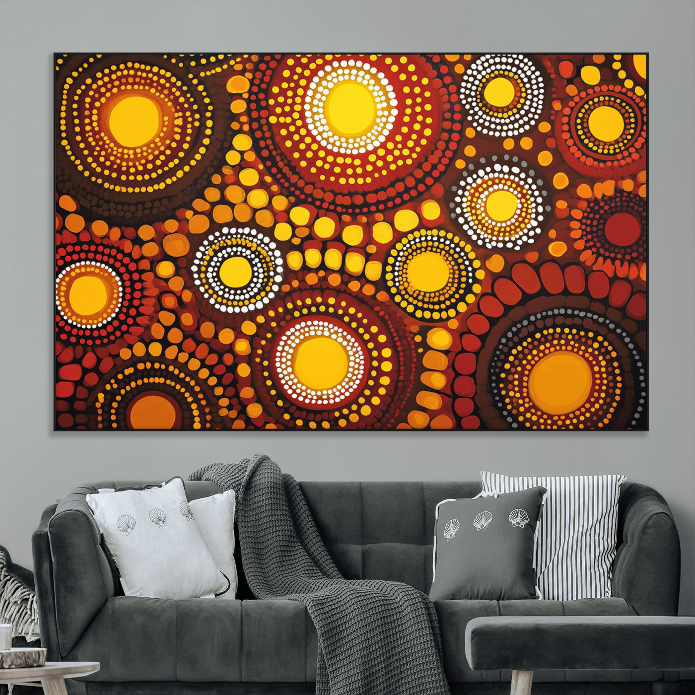81120549-MGV-CV-36X24-Abstract Dot Painting Wall Art – Vibrant Tribal Boho Style Canvas Print with Sunburst Mandala Circles in Warm Red, Yellow, Orange