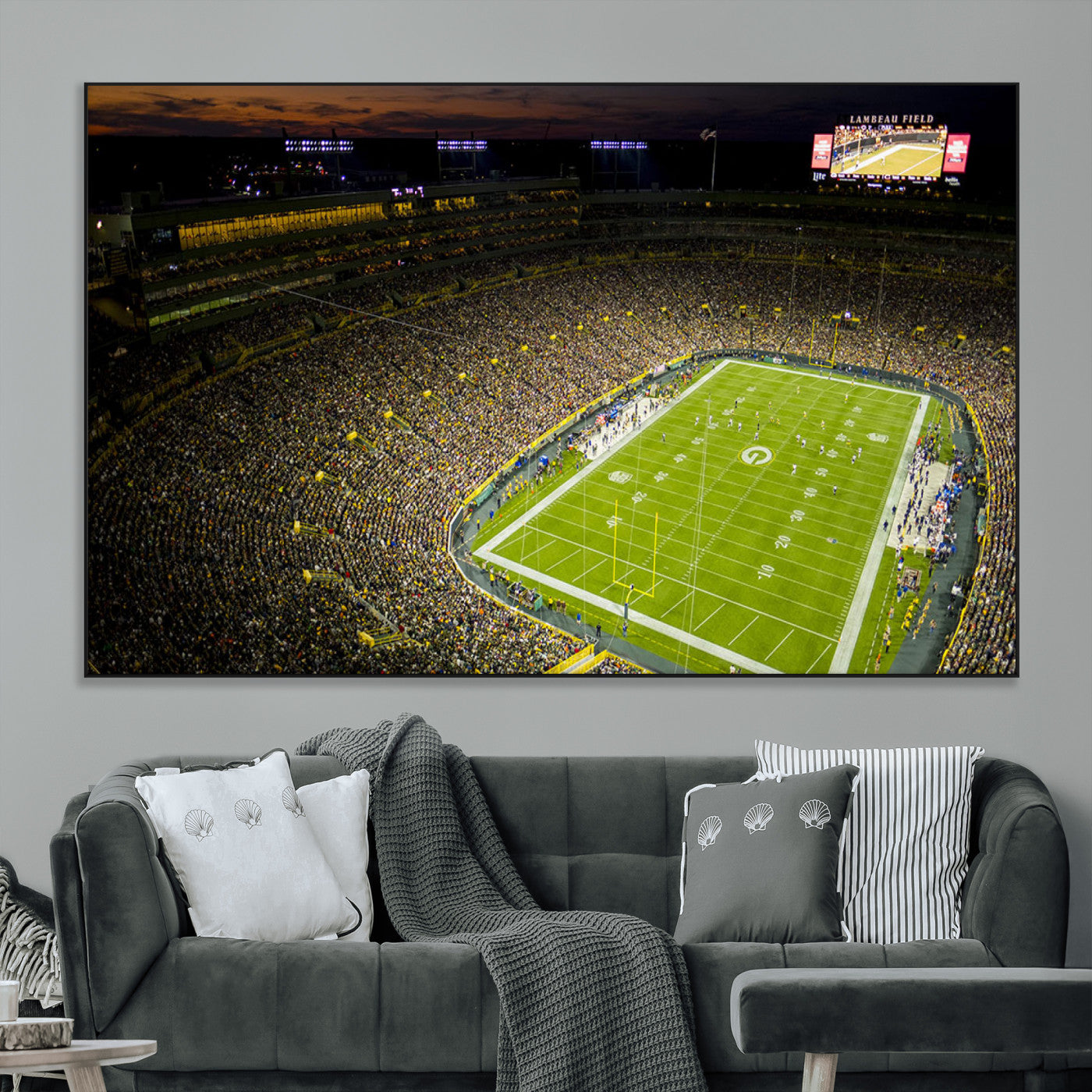 23655234-MGV-CV-36X24-Lambeau Field Stadium Wall Art – American Football Night Game Canvas Print with Packed Crowd and Lights – Sports Decor for Man