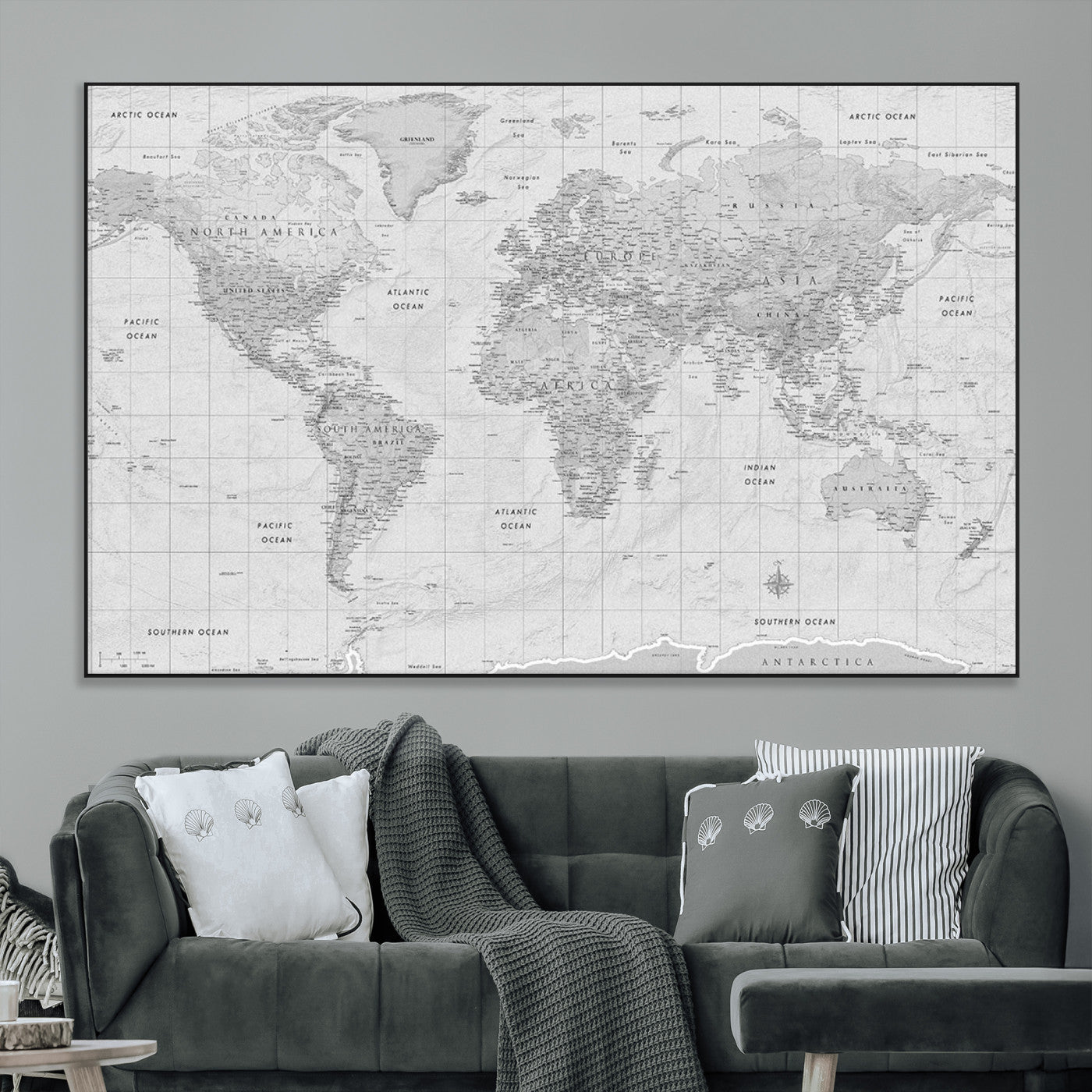 10516725-MGV-CV-36X24-Black and White World Map Wall Art – Minimalist Grayscale Canvas Print – Modern Detailed Travel Map Poster for Home, Office, or
