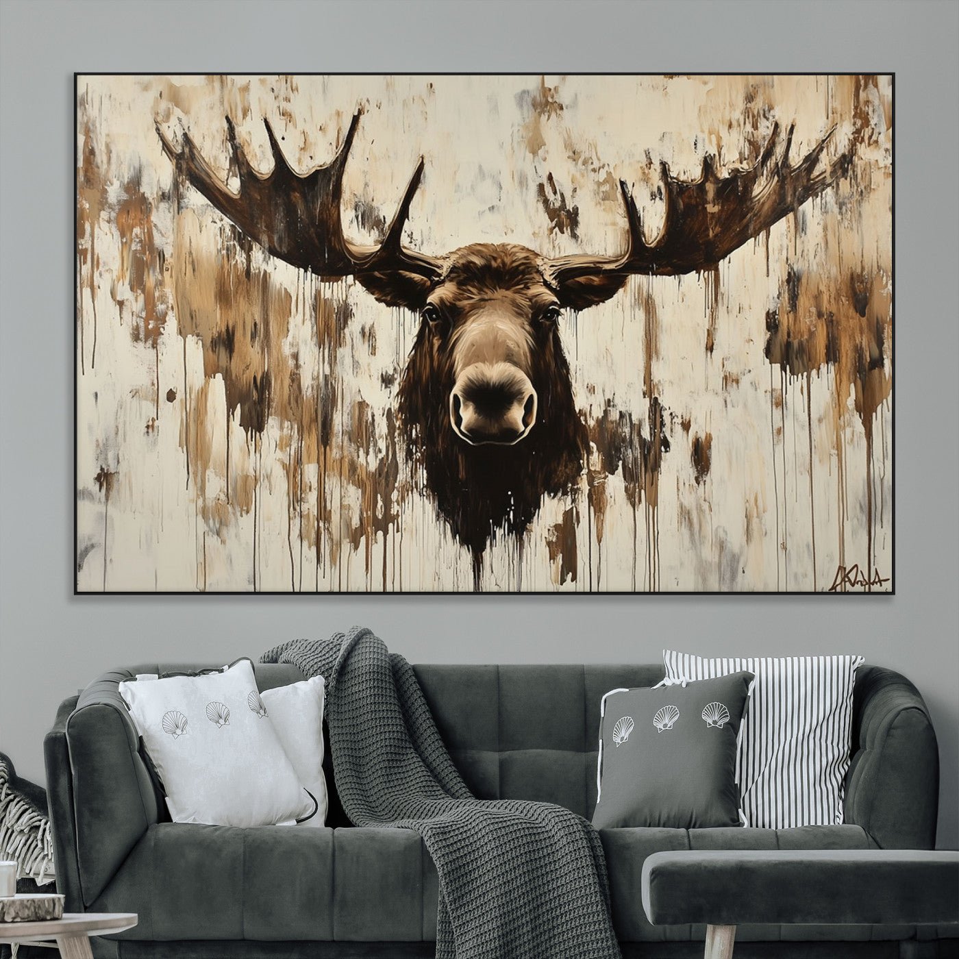 34496536-MGV-CV-36X24-Rustic Moose Wall Art – Modern Abstract Animal Canvas Print – Majestic Moose Head Painting with Neutral Earth Tones for Cabin,