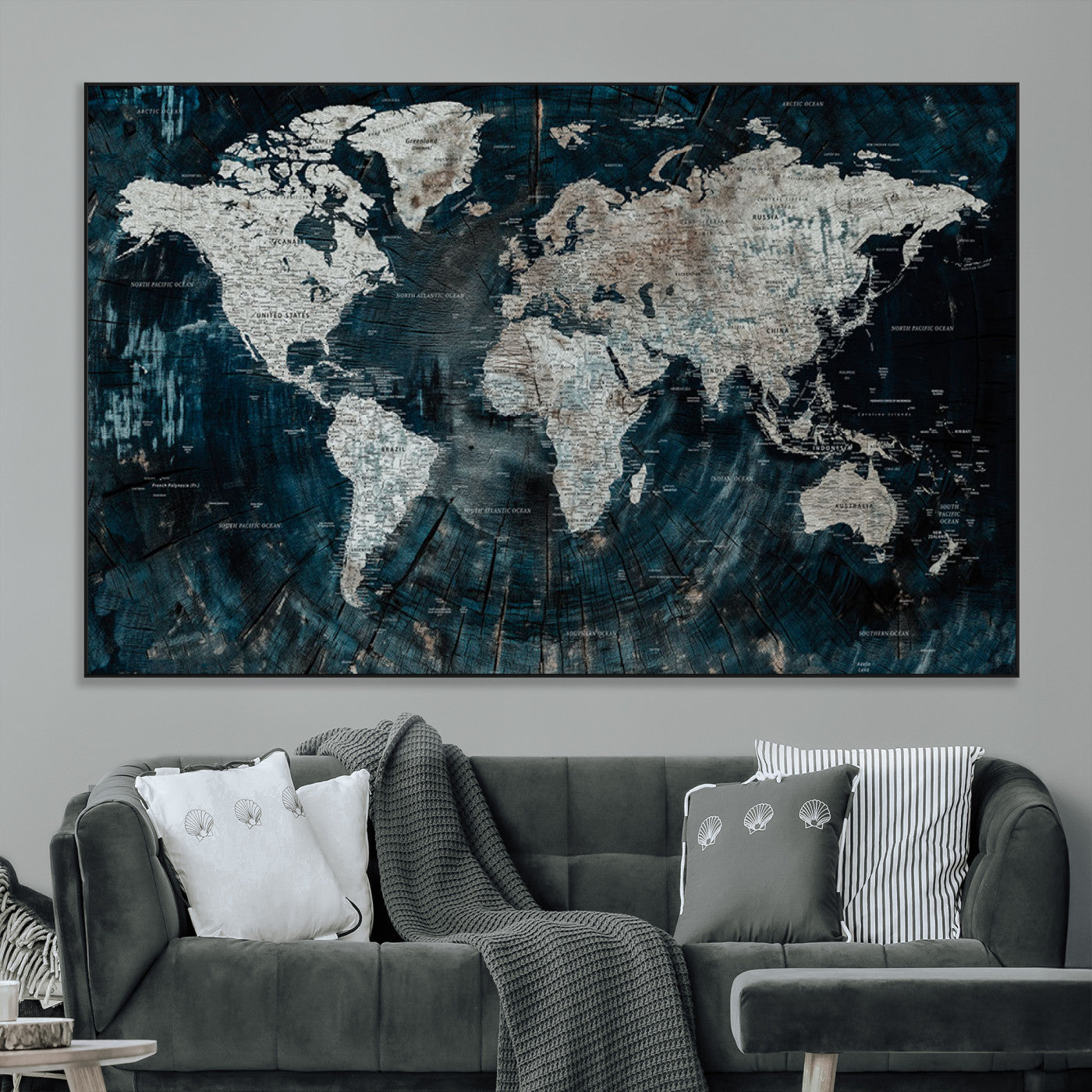 34425609-MGV-CV-36X24-World Map Wall Art – Rustic Navy and Grey Atlas Canvas Print, Distressed Explorer Map Artwork, Industrial Style Decor for Office,