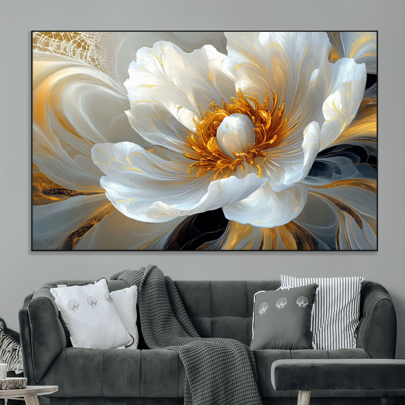 39604126-MGV-CV-36X24-Abstract Flower Wall Art – Elegant White and Gold Bloom Canvas Print, Modern Floral Artwork for Bedroom, Living Room, or Office