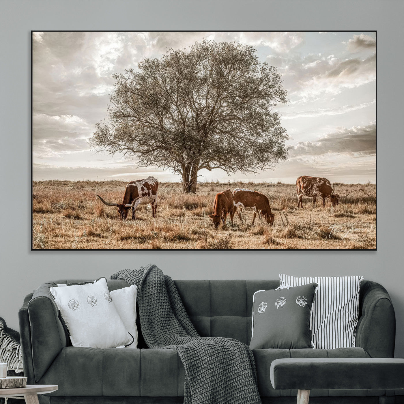 87590224-MGV-CV-36X24-Longhorn Cattle Wall Art – Rustic Western Landscape Canvas Print, Texas Farmhouse Prairie Scene for Living Room, Office, or Ranch