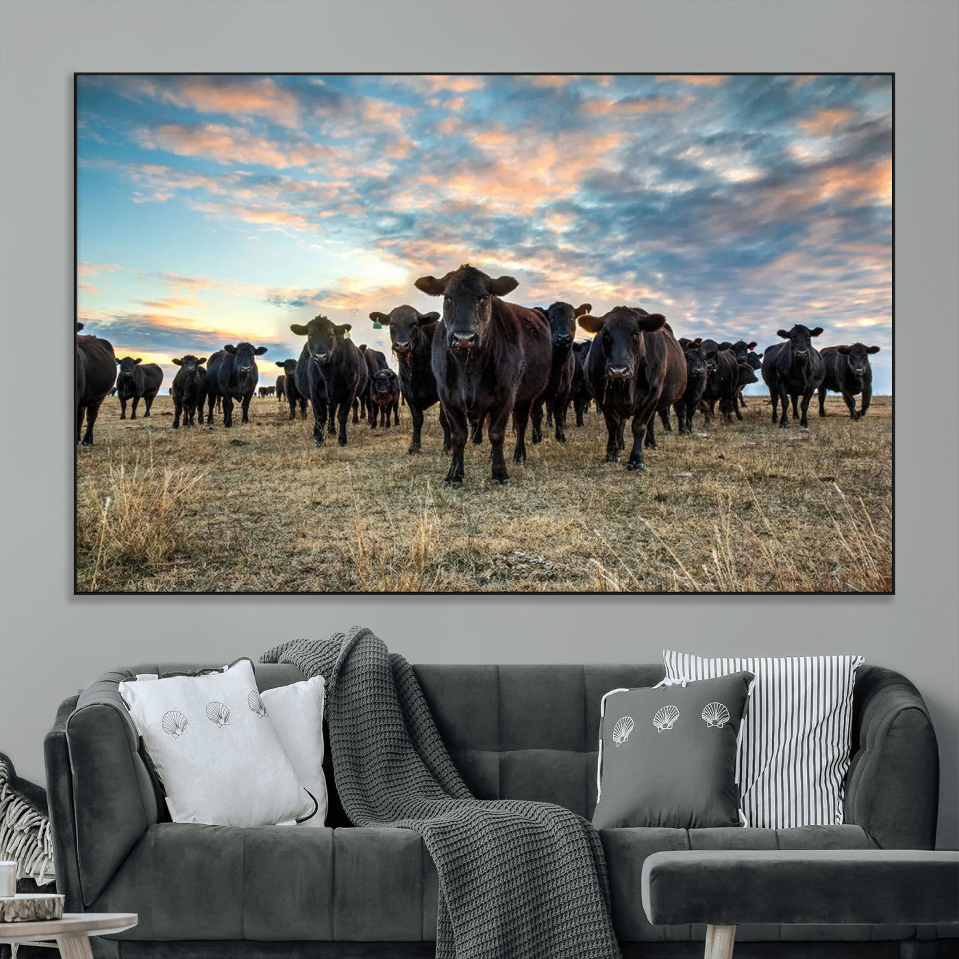 13867292-MGV-CV-36X24-Black Cattle Wall Art – Rustic Ranch Herd Canvas Print, Western Farmhouse Country Landscape Decor for Living Room, Office, or