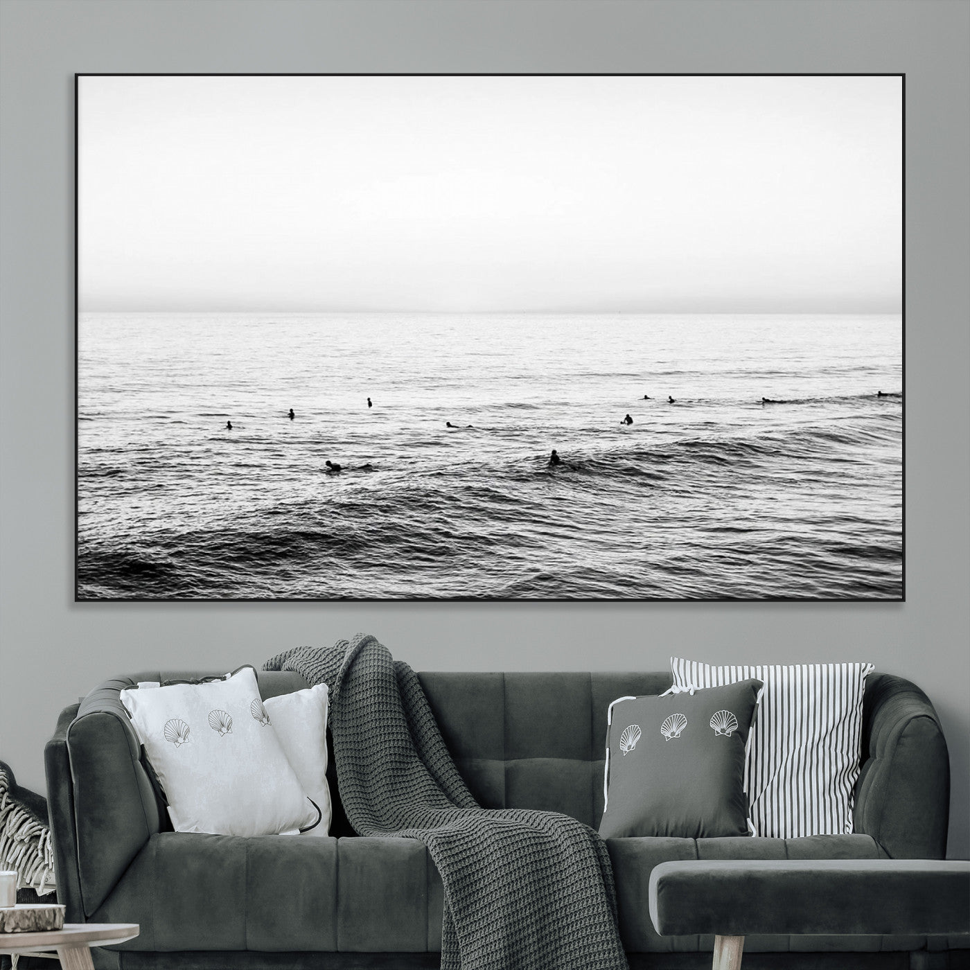 47208268-MGV-CV-36X24-Surfer Ocean Wall Art – Black and White Coastal Canvas Print, Minimalist Surfing Seascape Decor for Living Room, Bedroom, or Beach