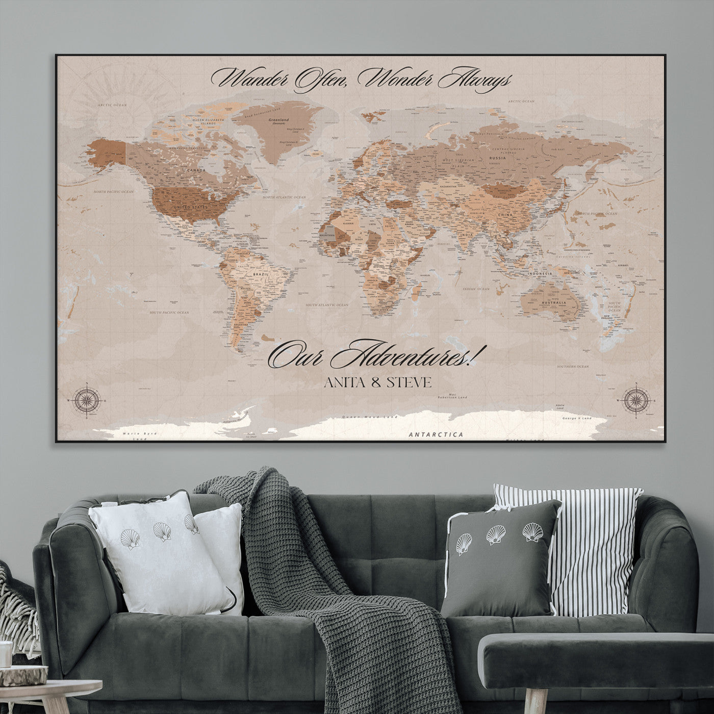 95243244-MGV-CV-36X24-Wander Often Wonder Always World Map Wall Art – Neutral Beige Adventure Canvas Print, Rustic Boho Travel Decor for Bedroom, Living