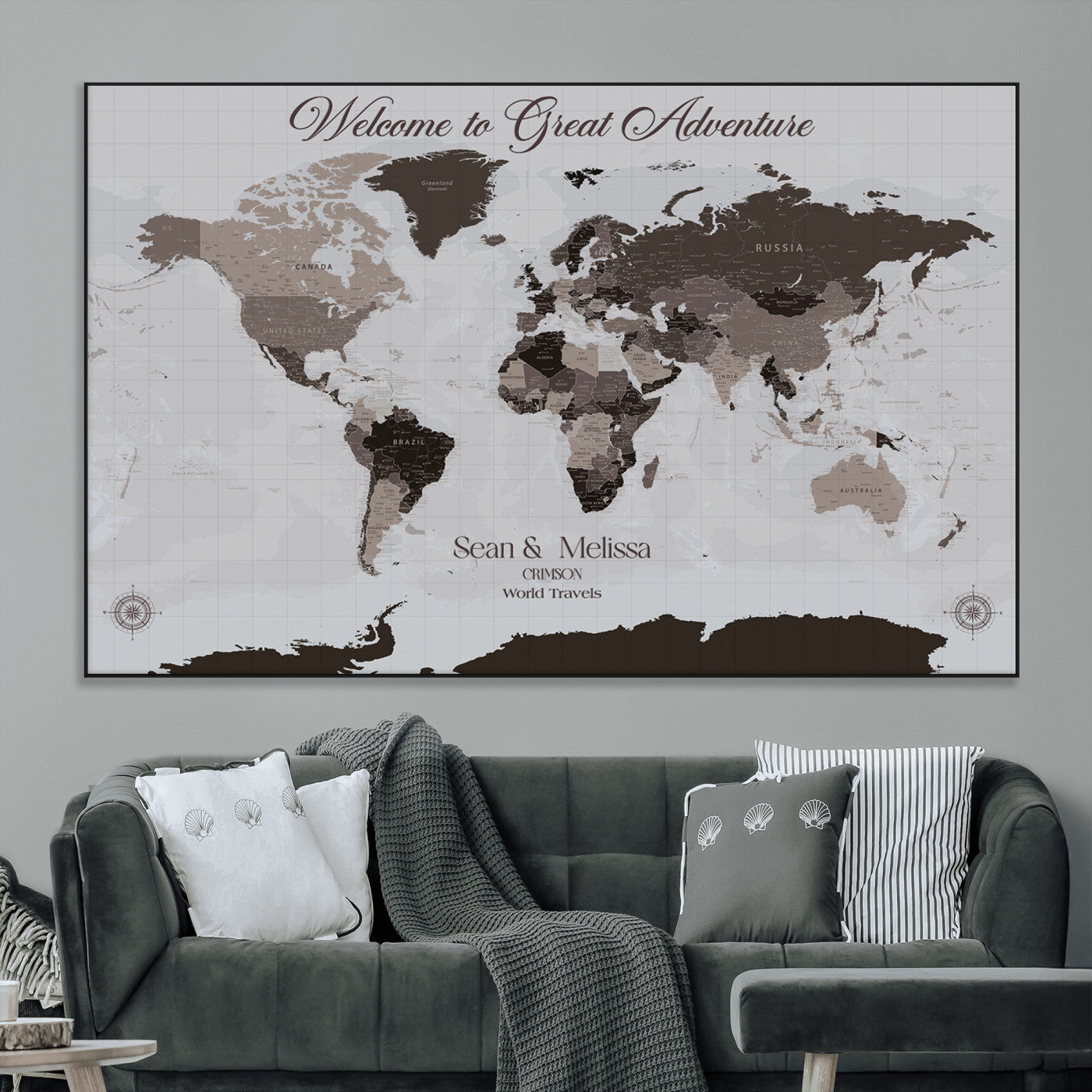 43749658-MGV-CV-36X24-Welcome to Great Adventure World Map Wall Art – Charcoal Gray Canvas Print, Rustic Travel Decor for Living Room, Study, Office or