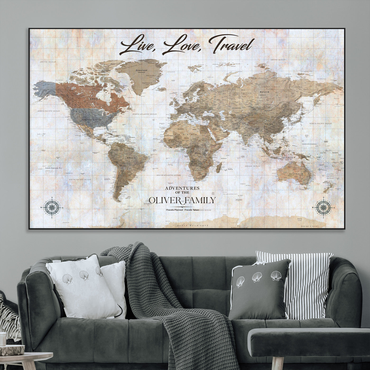 43924907-MGV-CV-36X24-Live Love Travel Wall Art – Neutral World Map Canvas Print, Rustic Adventure Decor for Home, Office or Living Room, Unique Gift