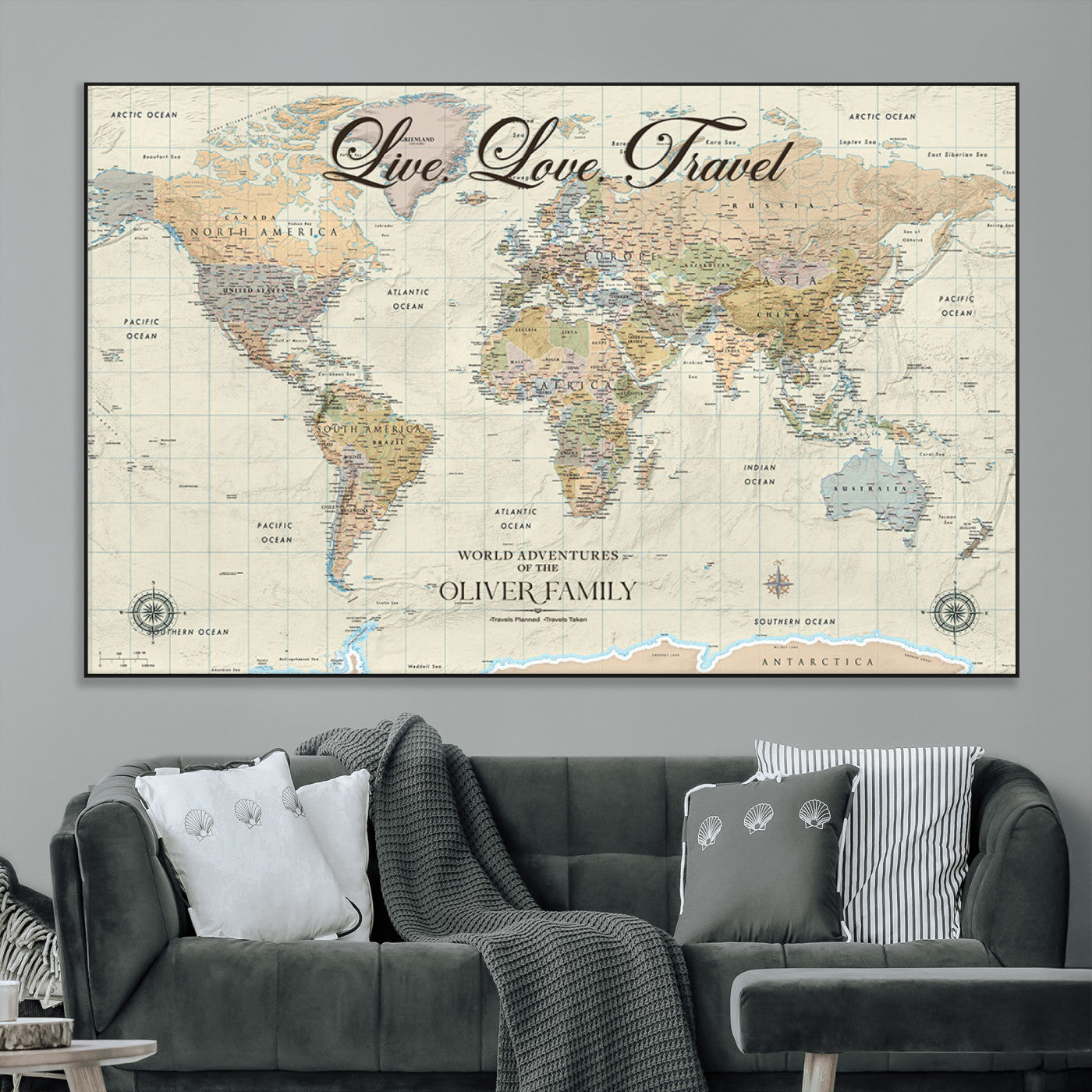 19479008-MGV-CV-36X24-Live Love Travel Wall Art – Detailed World Map Canvas Print, Adventure Decor for Living Room, Office or Bedroom, Travel Gift for