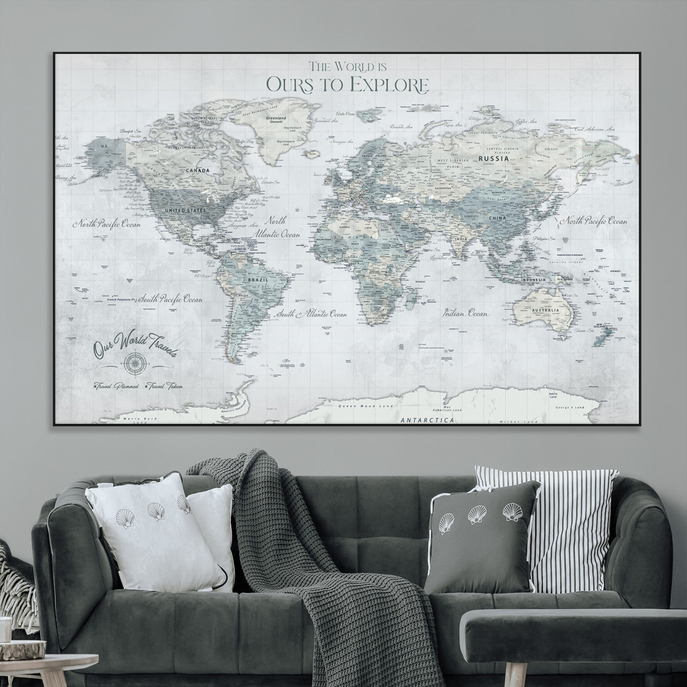 94249974-MGV-CV-36X24-Ours Explore World Map Wall Art – Modern Travel Canvas Print, Neutral Adventure Decor for Living Room, Office, Study, Bedroom,
