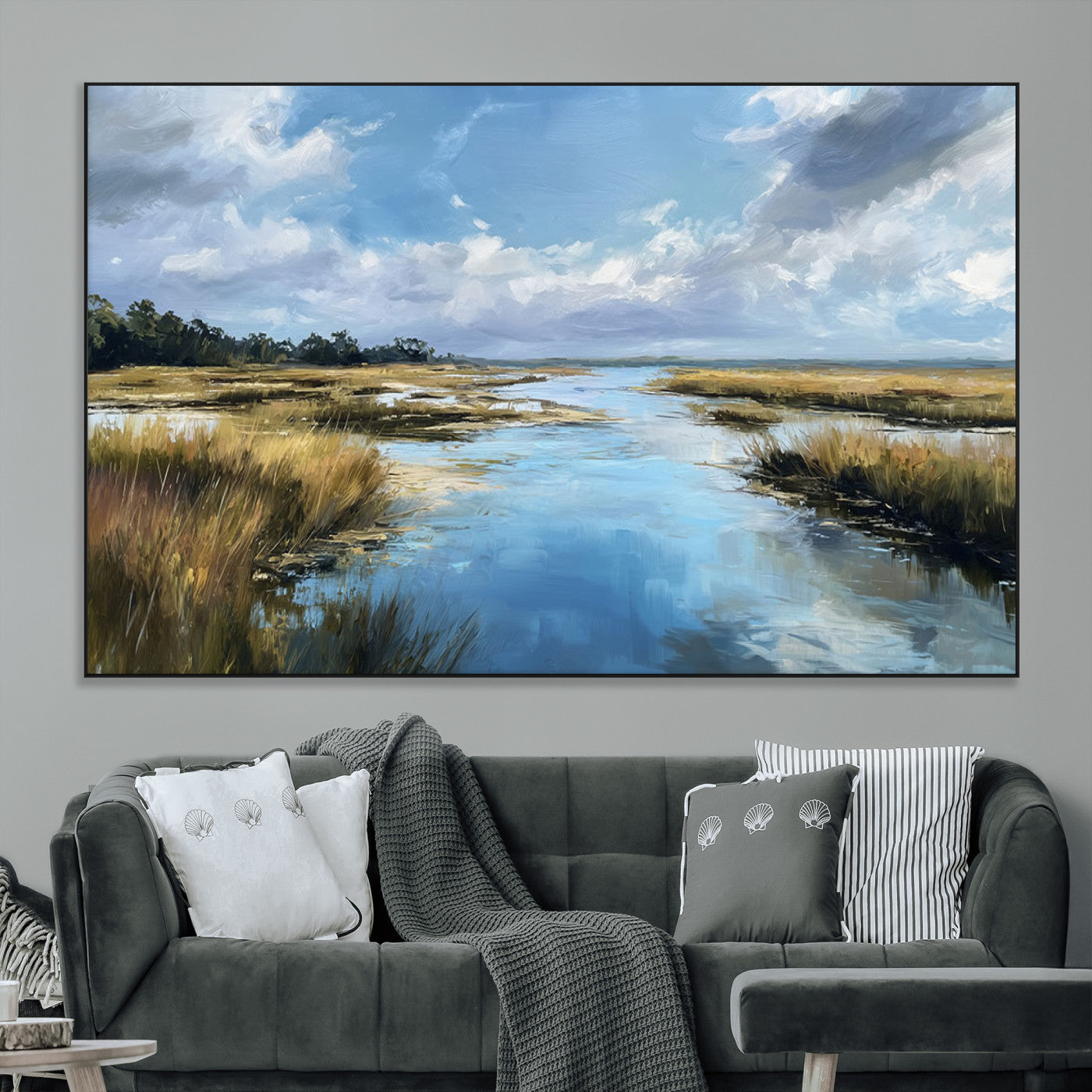 87082041-MGV-CV-36X24-Marshland Landscape Wall Art – Serene Nature Canvas Print with Blue Sky and Reflections, Tranquil Scenic Painting for Living Room,