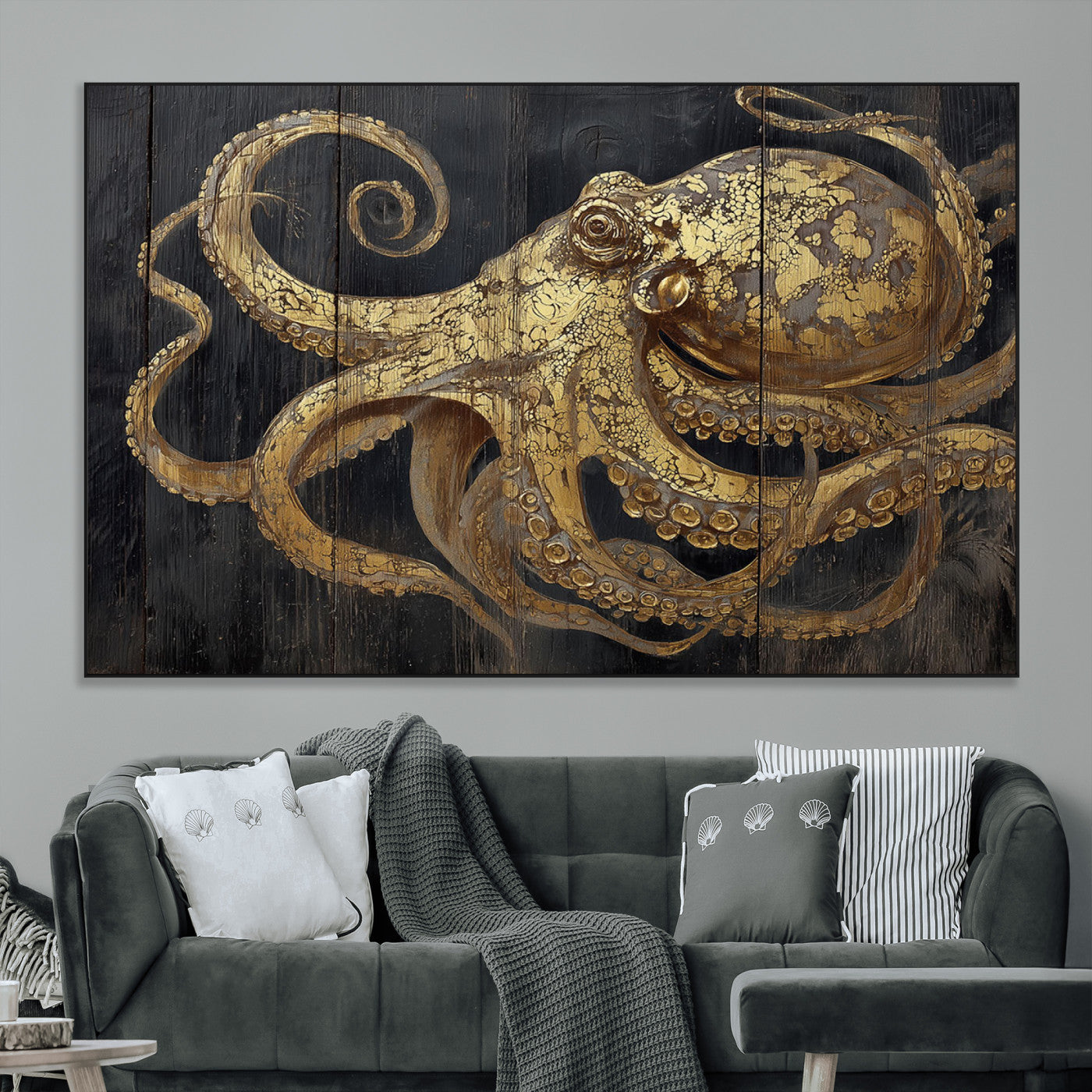 47056538-MGV-CV-36X24-Octopus Canvas Wall Art – Gold Detail, Wooden Texture, Marine Life, Ocean Creature Tentacles, Nautical Coastal Rustic Decor for