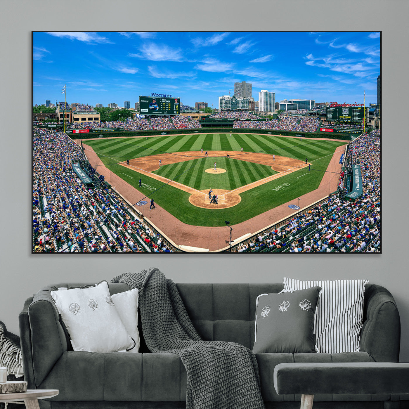 56213978-MGV-CV-36X24-Wrigley Field Baseball Stadium Canvas Wall Art – Packed Crowd Sports Stadium Print, City Skyline Baseball Field Canvas for Game