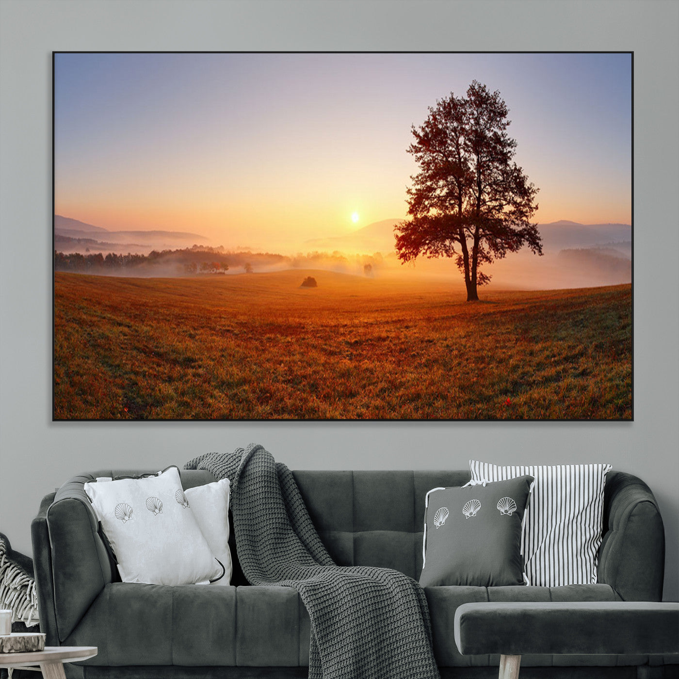 57919623-MGV-CV-36X24-Golden Sunrise Landscape Canvas Wall Art - Framed Misty Field Print, Large Nature Canvas for Living Room, Office, or Home Decor