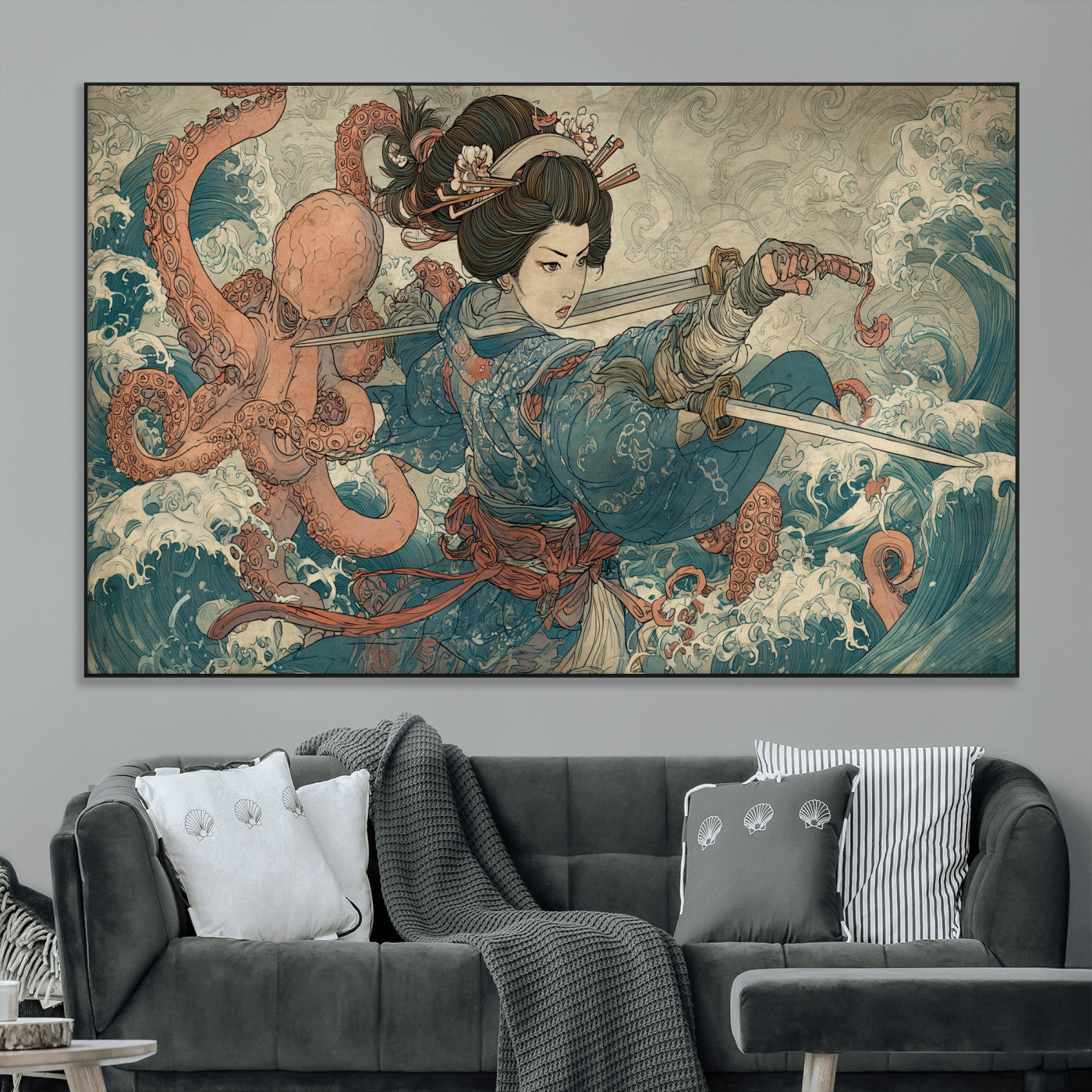 52037775-MGV-CV-36X24-Tsukioka Yoshitoshi Samurai Wall Art Print, Japanese Katana Warrior Canvas Wall Art, Octopus Sea Monster Canvas Print,