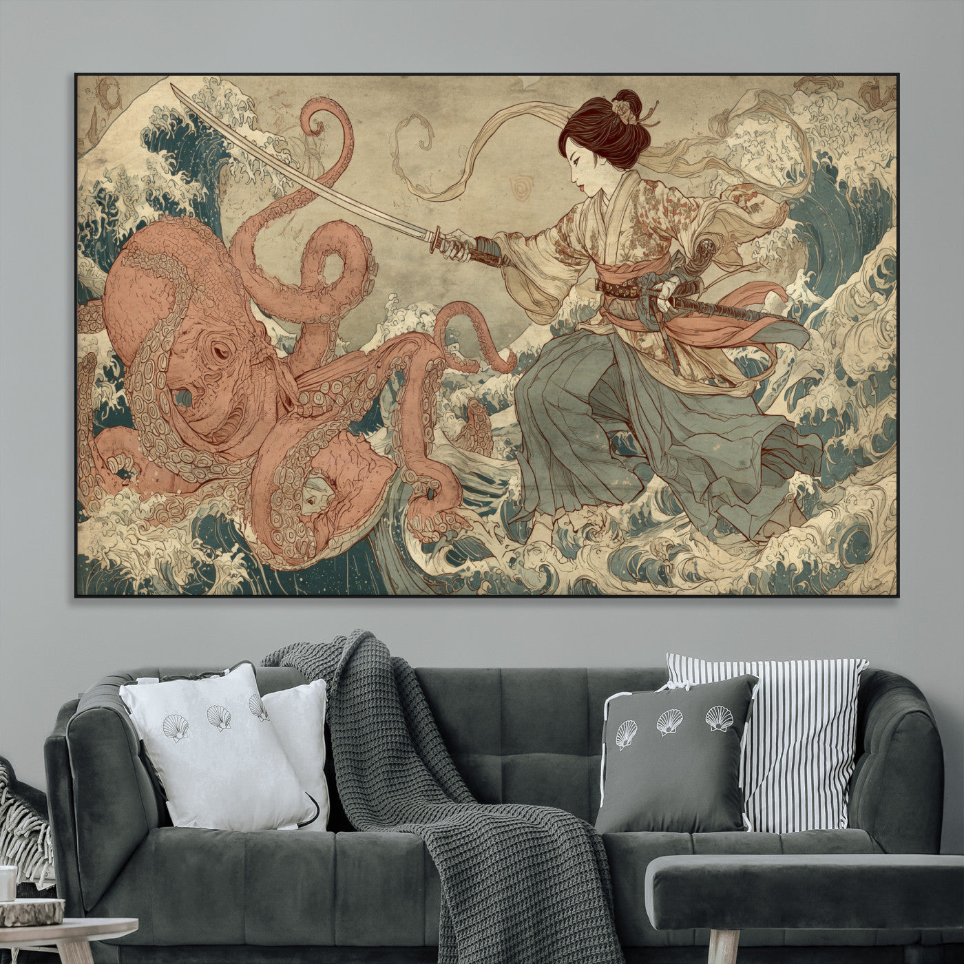 54879547-MGV-CV-36X24-Tsukioka Yoshitoshi Samurai Wall Art Print, Japanese Katana Warrior Canvas Wall Art, Octopus Sea Monster Canvas Print,