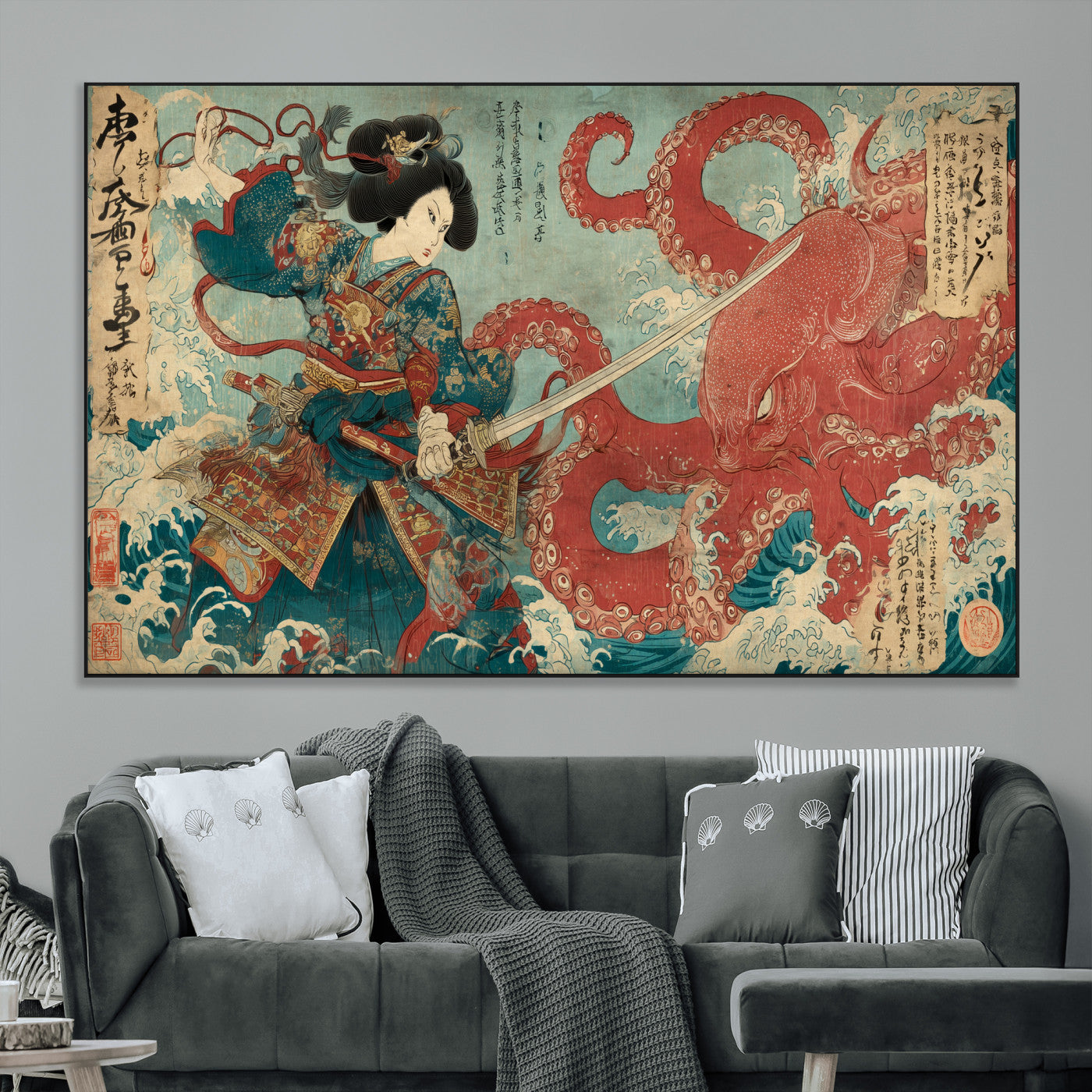 68844327-MGV-CV-36X24-Tsukioka Yoshitoshi Samurai Wall Art Print, Japanese Katana Warrior Canvas Wall Art, Octopus Sea Monster Canvas Print,