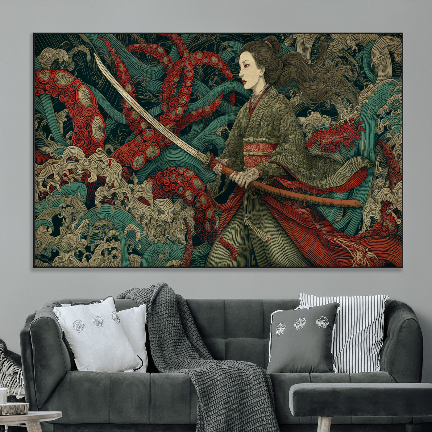 18902796-MGV-CV-36X24-Samurai Woman vs Octopus Wall Art – Japanese Ukiyo-e Green Kimono Canvas Print, Ocean Battle Scene Artwork for Living Room,
