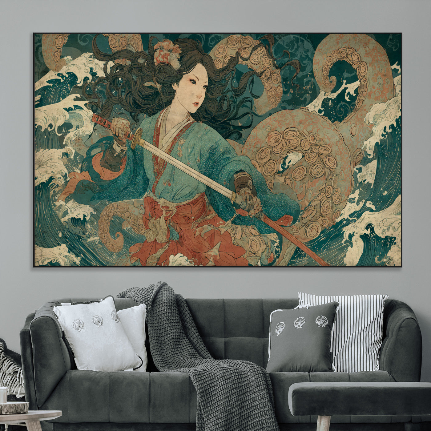 79740258-MGV-CV-36X24-Tsukioka Yoshitoshi Samurai Wall Art Print, Japanese Katana Warrior Canvas Wall Art, Octopus Sea Monster Canvas Print,