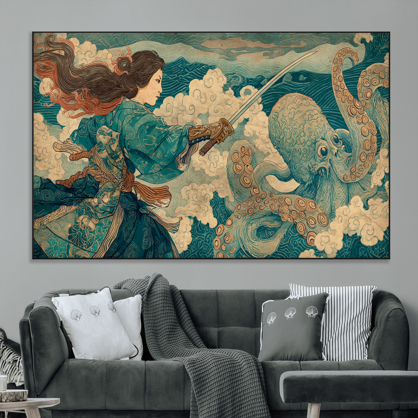 99764195-MGV-CV-36X24-Samurai vs Octopus Wall Art – Japanese Ukiyo-e Style Warrior and Sea Monster Canvas Print, Mythology Inspired Artwork for Living
