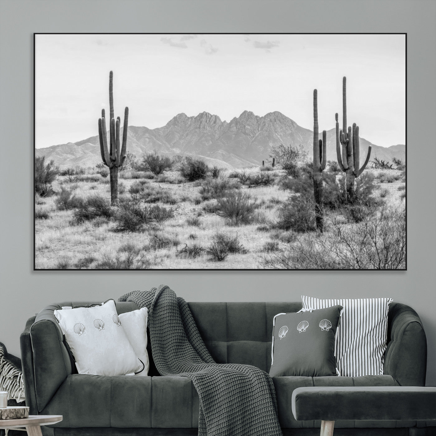 97436PHN-SEG-FC-51X34_Oversize_Oversize-Desert Landscape Wall Art – Black and White Cactus and Mountain Canvas Print, Southwestern Nature Photography for Living Room,