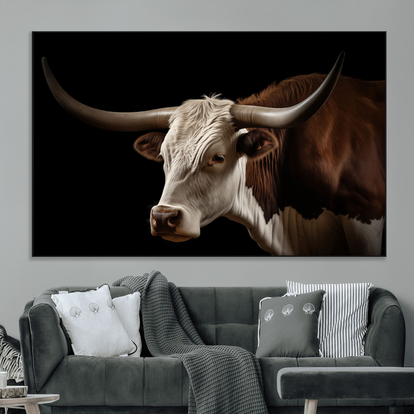27414857-MGV-CV-36X24-Longhorn Bull Wall Art – Dramatic Western Steer Portrait Canvas Print, Rustic Farmhouse Animal Decor for Living Room, Office, or