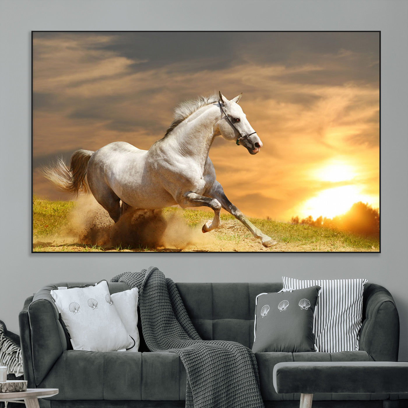 67478480-MGV-CV-36X24-White Horse Running at Sunset Wall Art – Majestic Equestrian Photography Print, Rustic Farmhouse Decor, Golden Sky Horse Lover