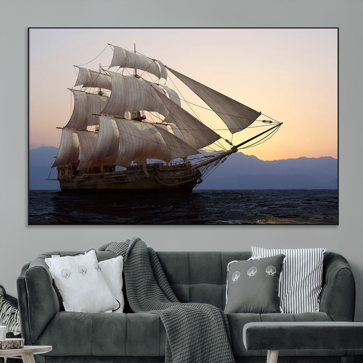 99957679-MGV-CV-36X24-Majestic Sailing Ship Wall Art – Sunset Ocean Voyage, Classic Tall Ship with Wind Filled Sails Canvas Print for Home, Office,