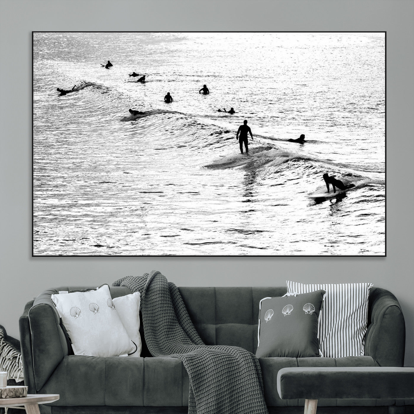 68018616-MGV-CV-36X24-Black and White Surf Photography Print – Minimalist Ocean Wall Art, Surfers Riding Waves, Coastal Beach Decor for Modern Home or