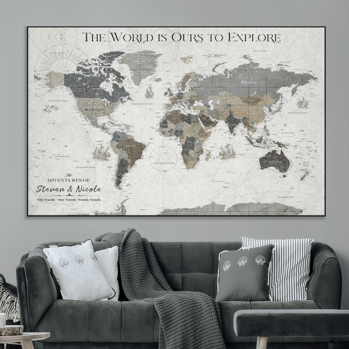 97082026-MGV-CV-36X24-Personalized World Map Wall Art – Vintage Gray Adventure Travel Map with Custom Couple or Family Names, Rustic Wall Decor for Home