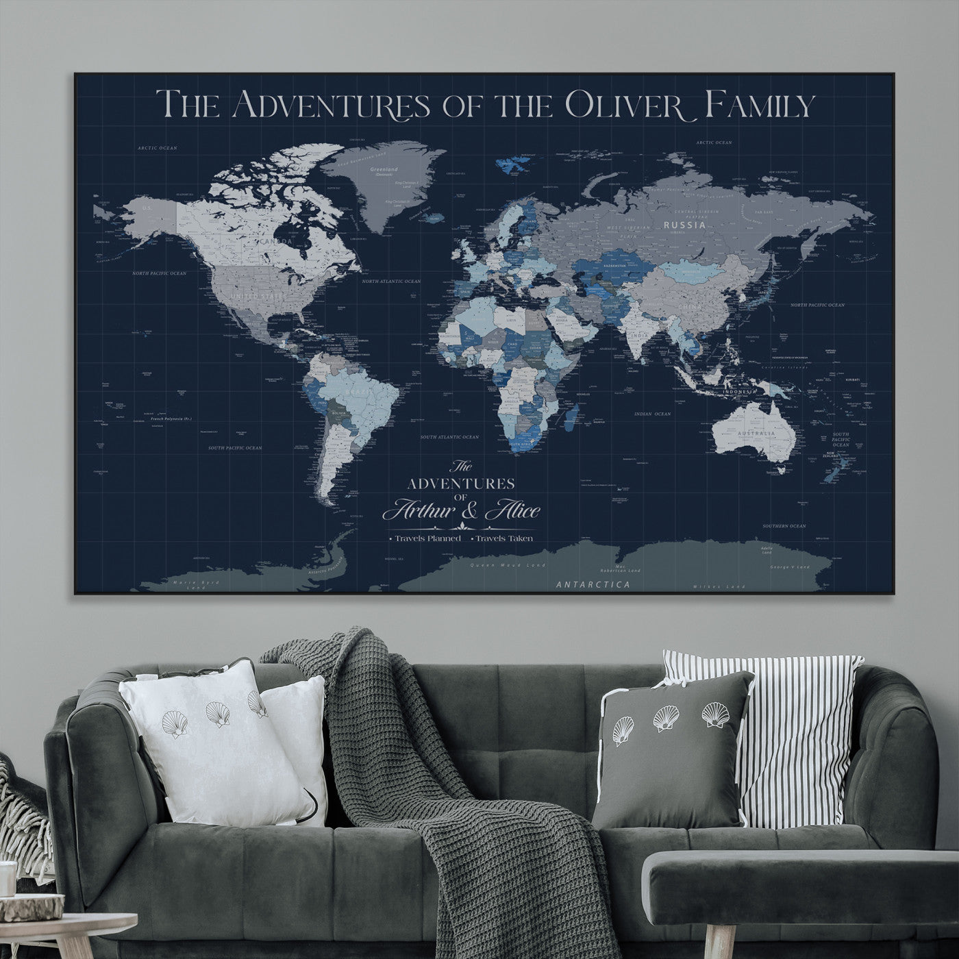 76726424-MGV-CV-36X24-Personalized World Map Wall Art – Navy Blue & Grey Adventure Travel Map with Custom Family or Couple Names, Modern Wall Decor for
