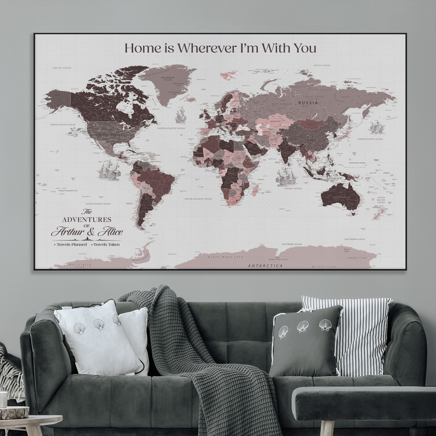 33204797-MGV-CV-36X24-Personalized World Map Wall Art – Burgundy & Grey Adventure Travel Map with Custom Names, Romantic Wall Decor for Couples, Home or