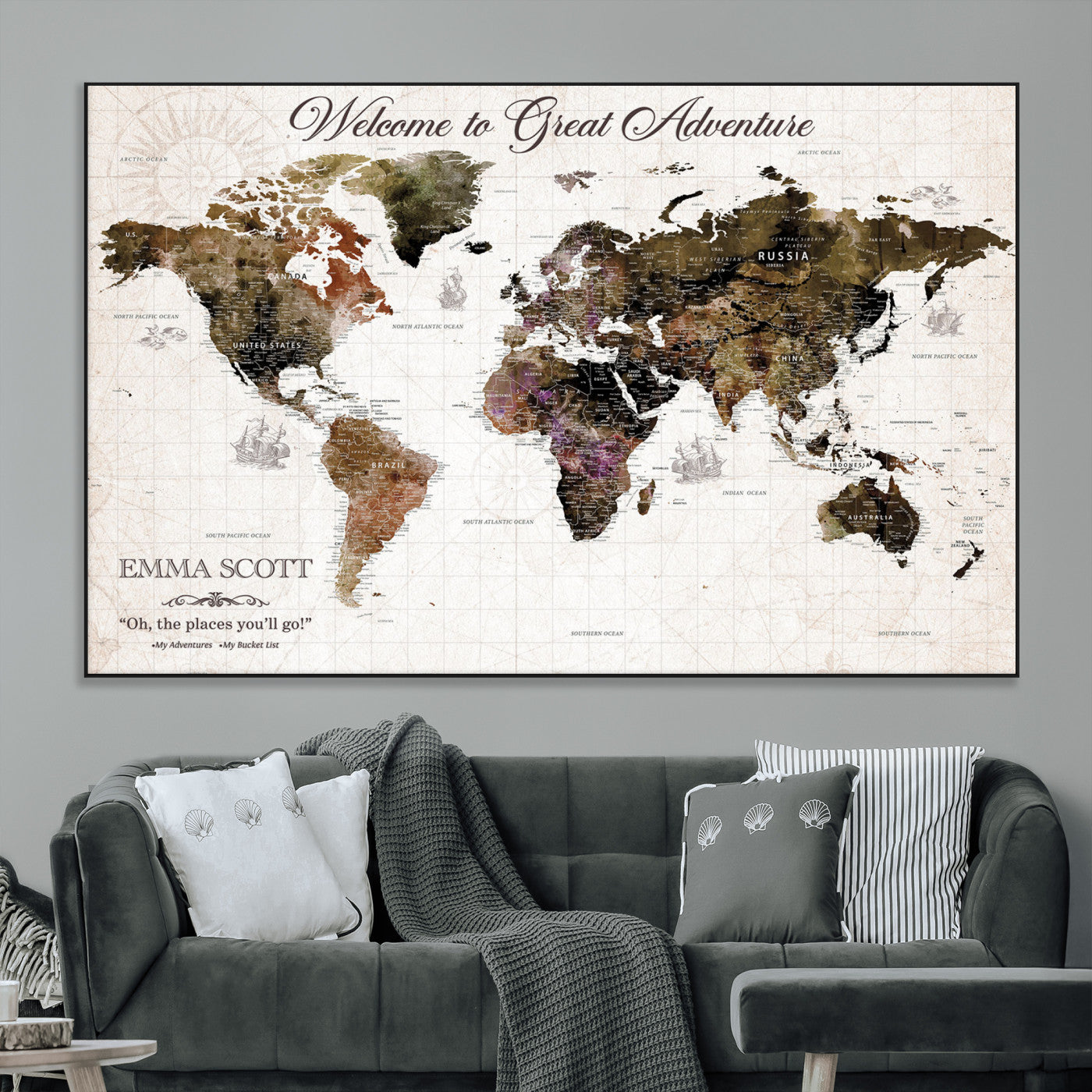 33631532-MGV-CV-36X24-Personalized World Map Wall Art – Dark Vintage Adventure Travel Map with Custom Names, Rustic Wall Decor for Couples, Home or