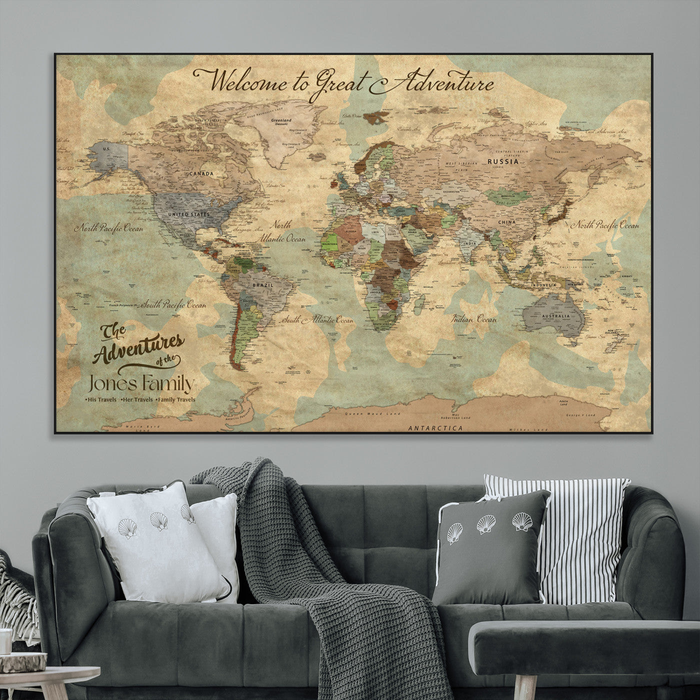 32019746-MGV-CV-36X24-Personalized World Map Wall Art – Vintage Camo Adventure Travel Map with Custom Family Names, Rustic Wall Decor for Couples, Home