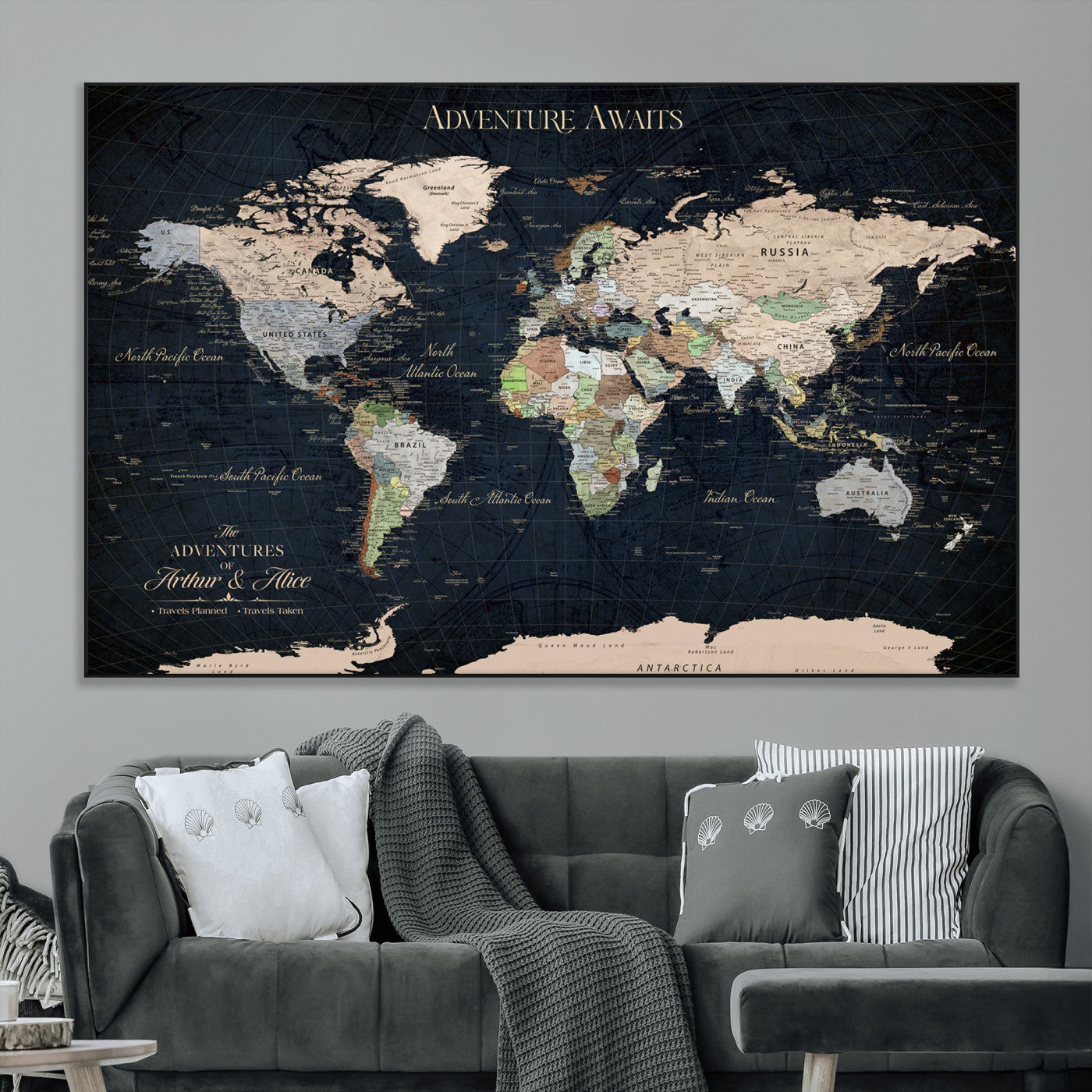 15547583-MGV-CV-36X24-Personalized World Map Wall Art – Rustic Navy Adventure Awaits Travel Map with Custom Couple Names, Vintage Wall Decor for Home or