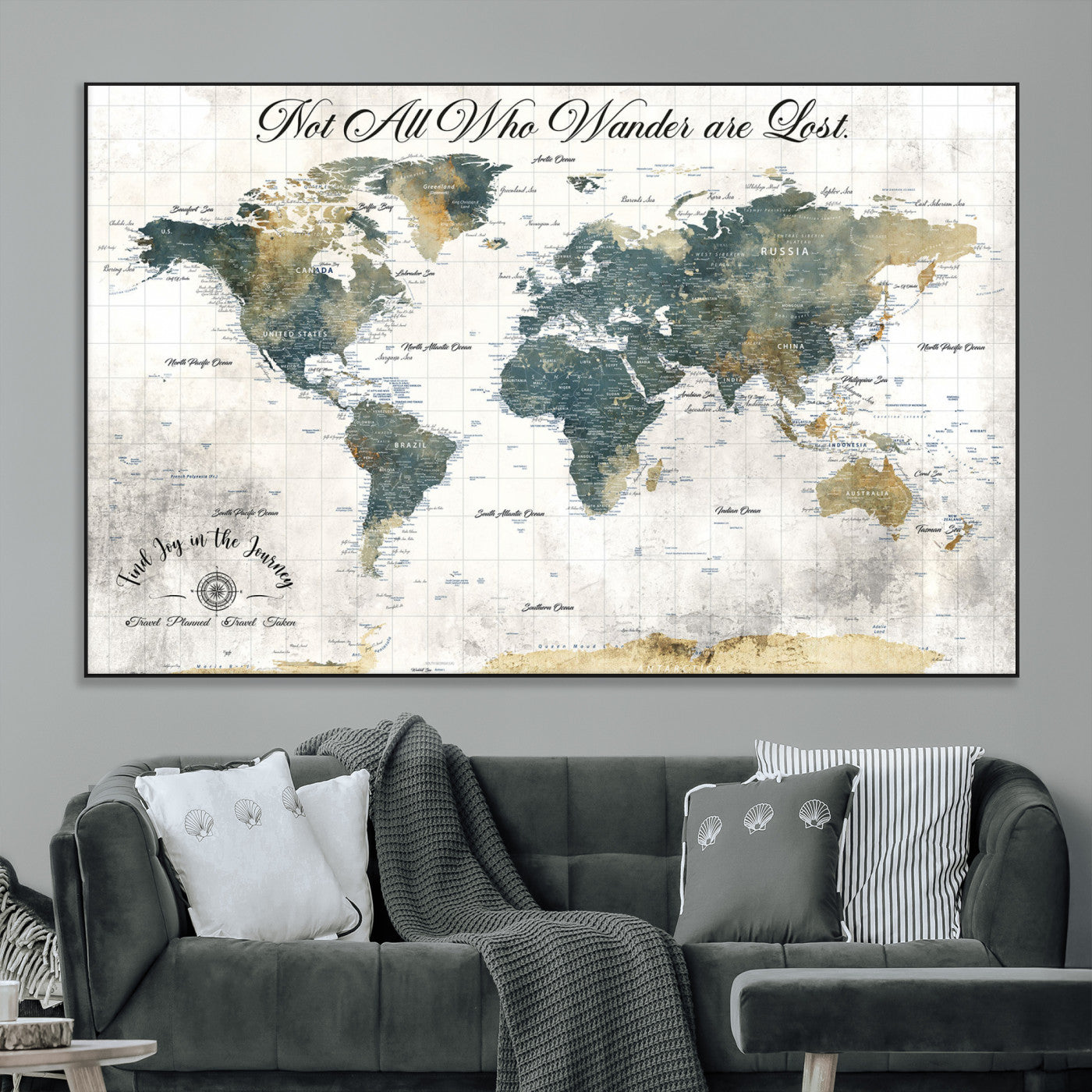 16233493-SEG-FC-51X34_Oversize_Oversize-Personalized World Map Wall Art – Rustic Blue Green Wanderlust Travel Map with Custom Couple Names, Vintage Wall Decor for Home