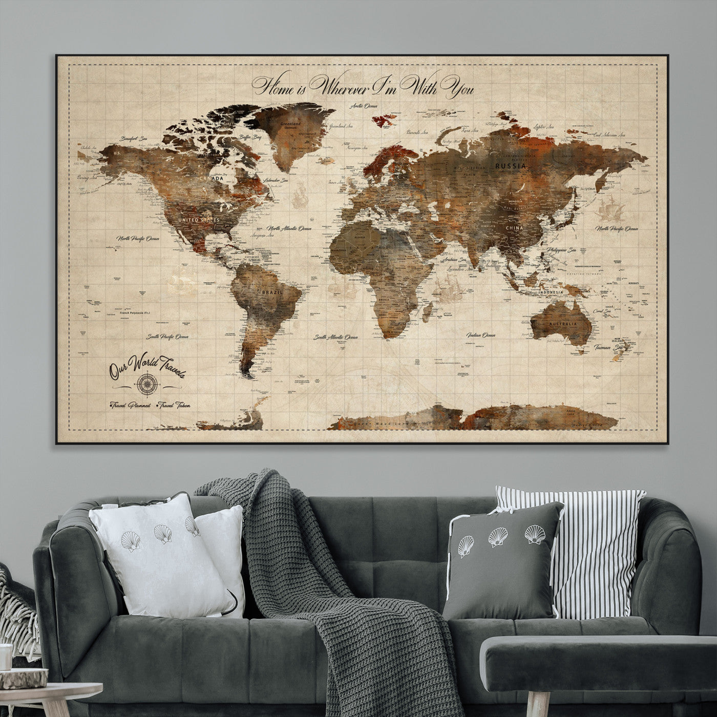 48225643-MGV-CV-36X24-Personalized World Map Wall Art – Rustic Vintage Adventure Travel Map with Custom Couple Names, Romantic Wall Decor for Home or